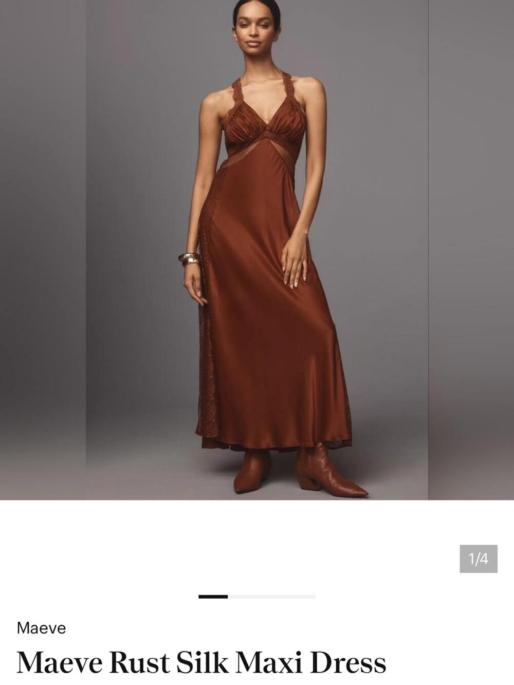 Maeve Copper-Brown Silk Halter Maxi Dress